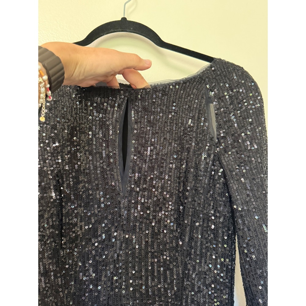 Black Sequin Long Sleeve Maxi Dress Shoulder Cut Out Side Slit Formal Gown - Picture 8 of 16